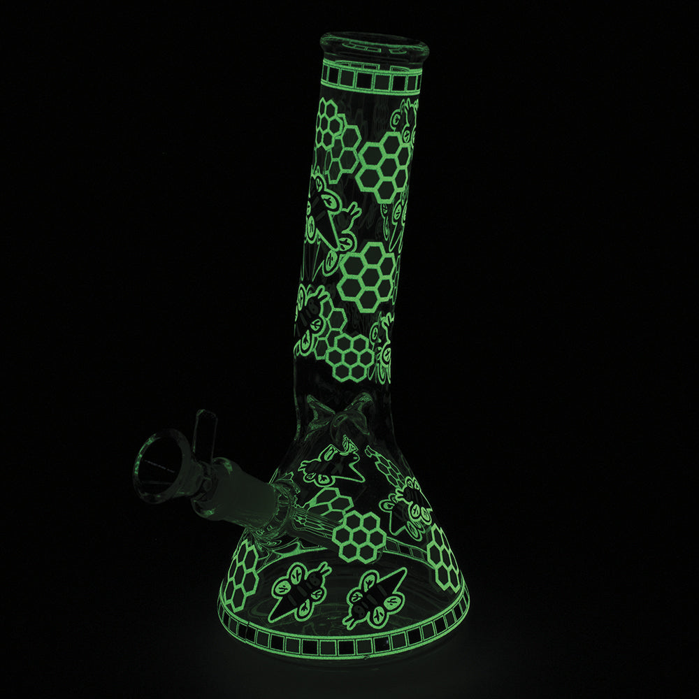 7.5" Beaker Water Pipe - Green Bee (Glows in the Dark)